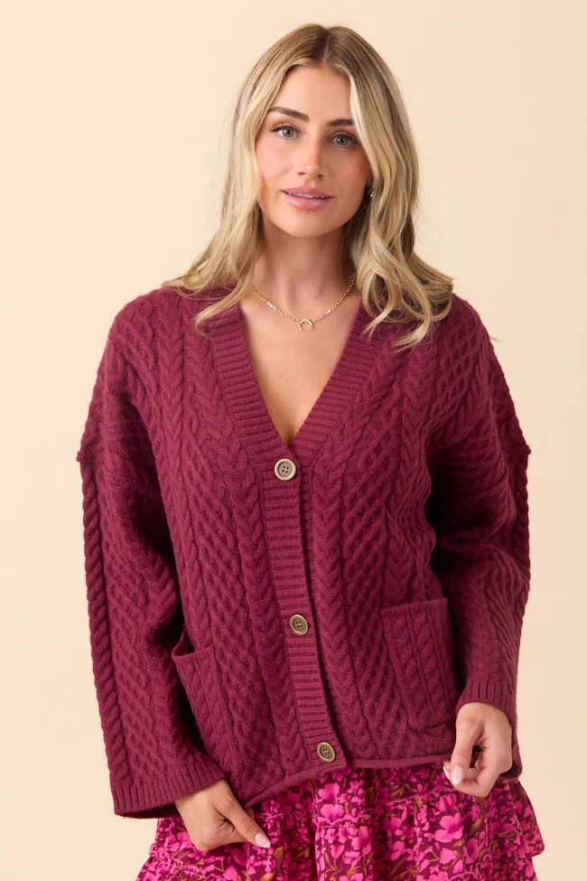 Pippa Maroon Cable Knit Cardigan sold by Pink Lily