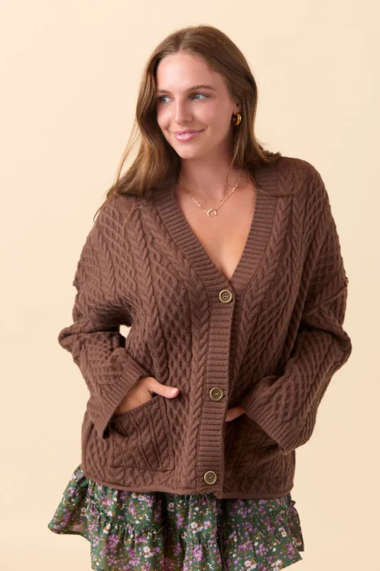 Pippa Brown Cable Knit Cardigan sold by Pink Lily
