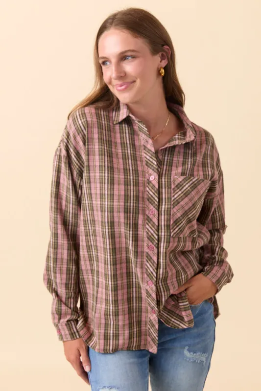 Rory Pink And Green Plaid Flannel Button Down Top sold by Pink Lily