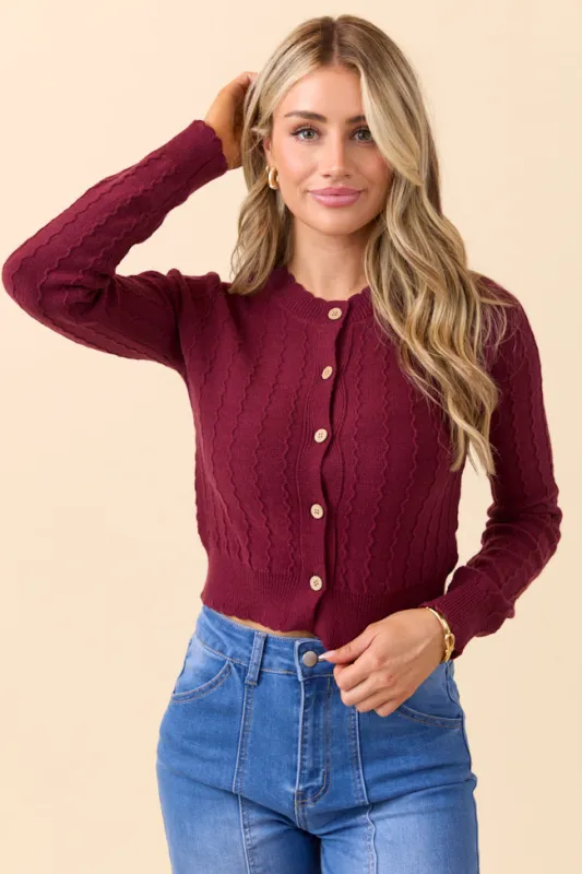 Aniston Burgundy Scallop Detail Cardigan SALE sold by Pink Lily