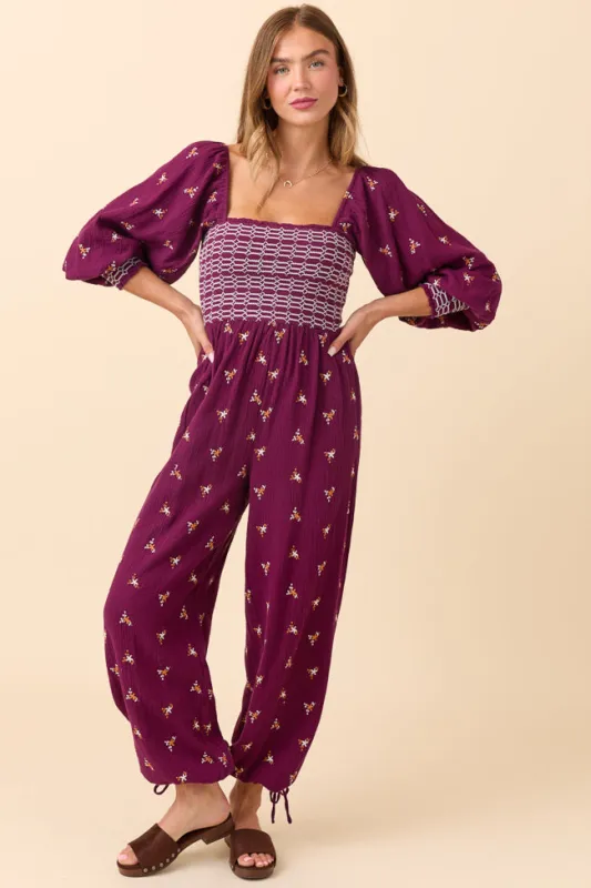 Dress To Impress Burgundy Floral Stitched Smocked Top Jumpsuit FINAL SALE sold by Pink Lily