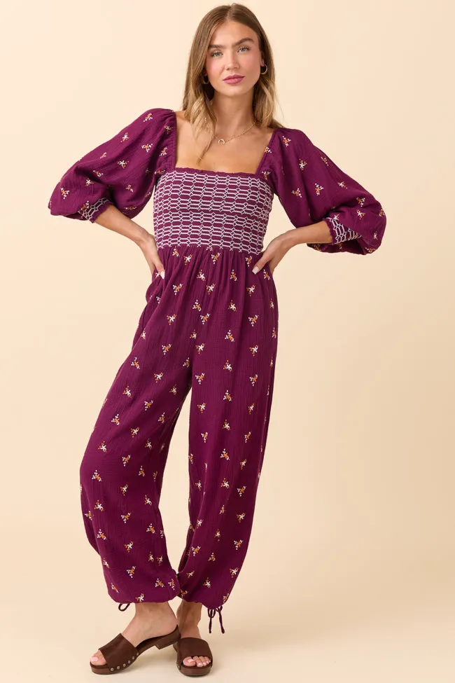 Dress To Impress Burgundy Floral Stitched Smocked Top Jumpsuit FINAL SALE sold by Pink Lily
