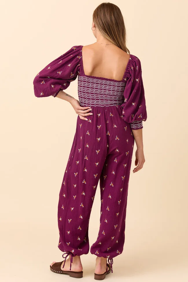 Dress To Impress Burgundy Floral Stitched Smocked Top Jumpsuit FINAL SALE sold by Pink Lily product image thumbnail 4