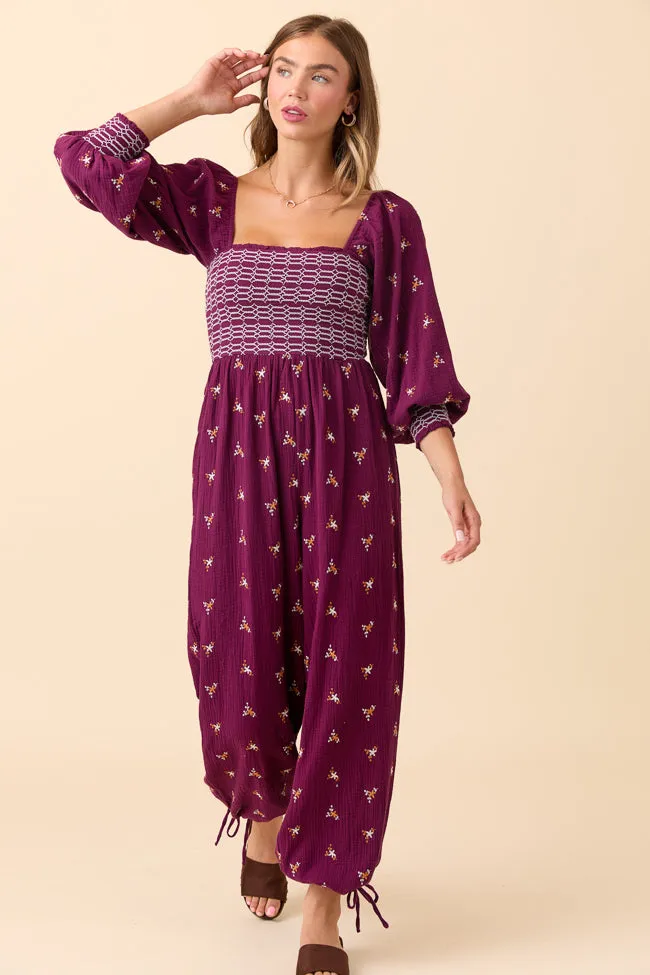 Dress To Impress Burgundy Floral Stitched Smocked Top Jumpsuit FINAL SALE sold by Pink Lily product image thumbnail 2