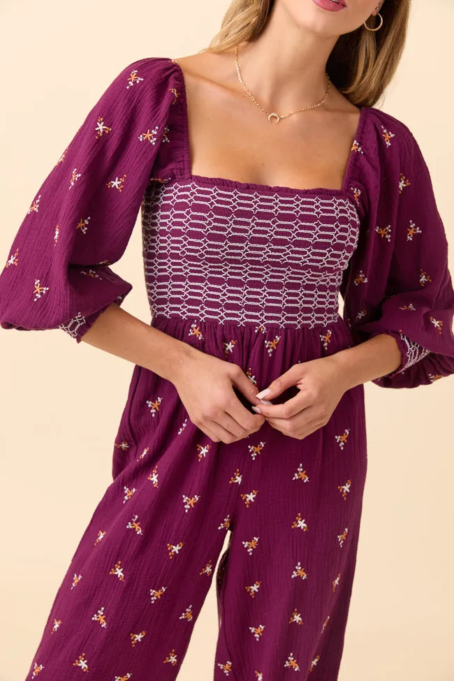 Dress To Impress Burgundy Floral Stitched Smocked Top Jumpsuit FINAL SALE sold by Pink Lily product image thumbnail 5