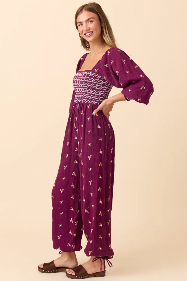 Dress To Impress Burgundy Floral Stitched Smocked Top Jumpsuit FINAL SALE sold by Pink Lily product image thumbnail 3