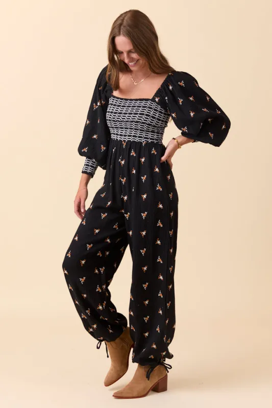 Dress To Impress Black Floral Stitched Smocked Top Jumpsuit FINAL SALE sold by Pink Lily