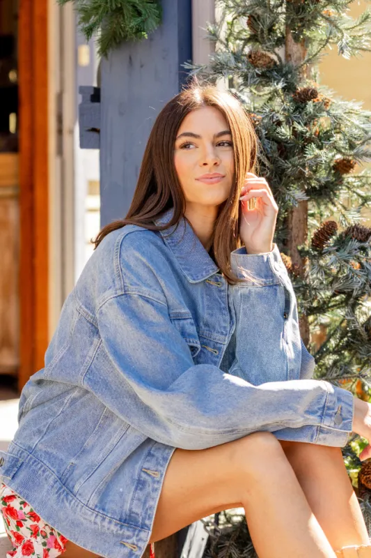 Solange Medium Wash Oversized Denim Jacket sold by Pink Lily