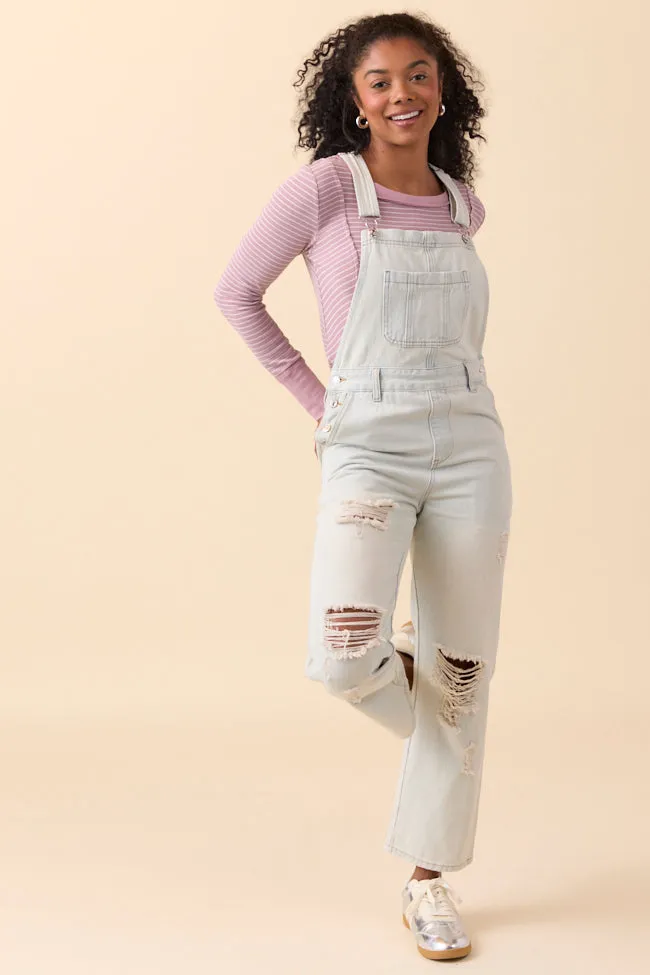 Brynn Light Wash Distressed Denim Overalls sold by Pink Lily product image thumbnail 2