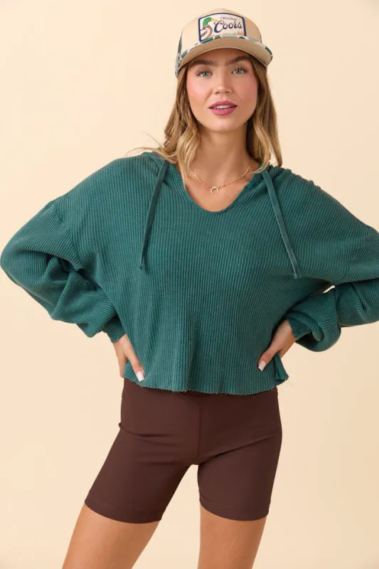 Marnie Deep Green Long Sleeve Mineral Wash Thermal Hoodie sold by Pink Lily