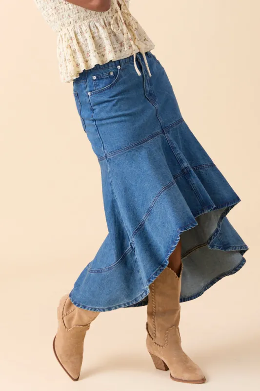 Alison High Low Denim Skirt made by Pink Lily