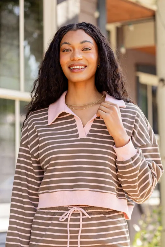 Alice Pink Striped Collared Crop Sweatshirt SALE sold by Pink Lily