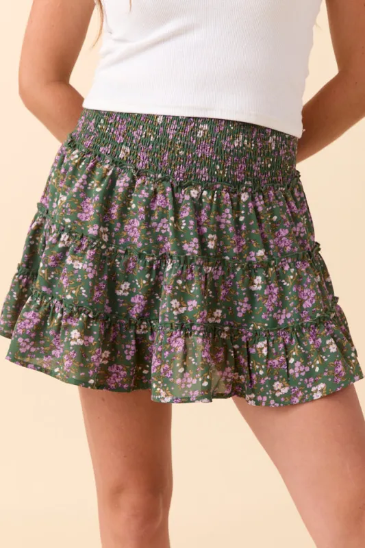 Through the Garden Green and Lavender Floral Print Skort sold by Pink Lily