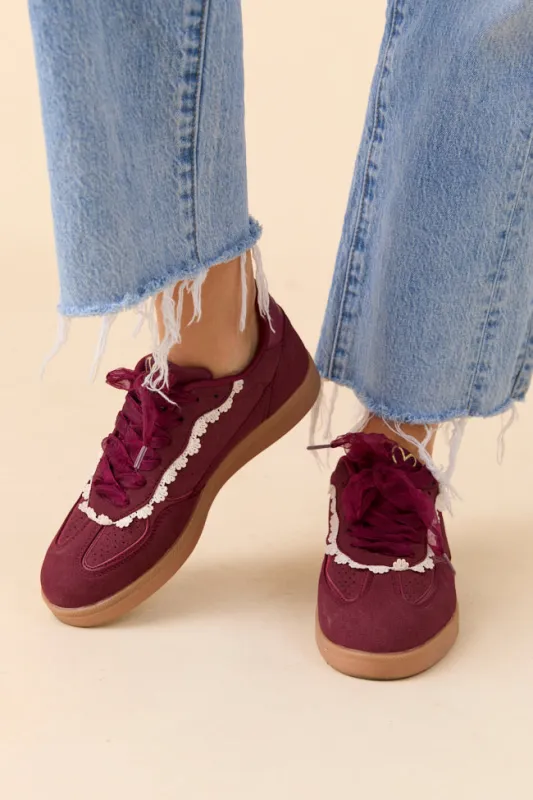 Tiffany Wine Lace Trim Sneakers SALE sold by Pink Lily