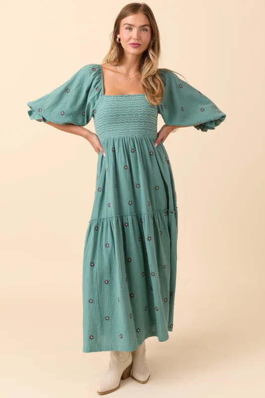 Dress To Impress Sage Floral Stitched Smocked Top Dress sold by Pink Lily
