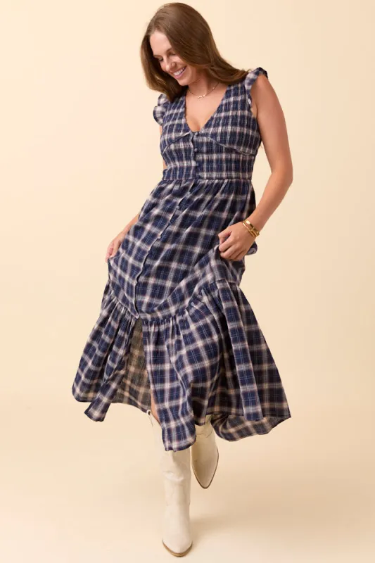 Ruth Navy Plaid Maxi Dress sold by Pink Lily