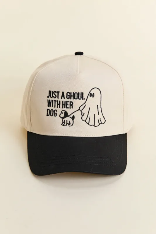 Just A Ghoul With Her Dog Black Trucker Hat SALE sold by Pink Lily
