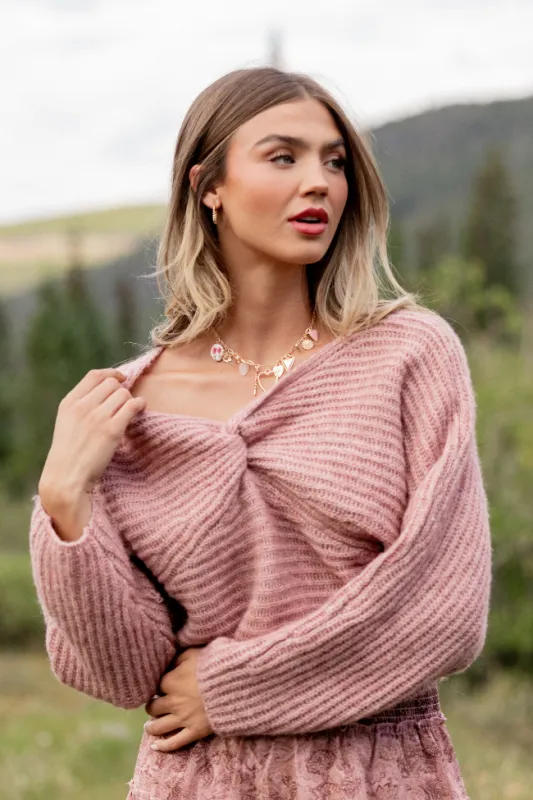 Gisele Front Twist Heathered Light Pink Sweater SALE sold by Pink Lily