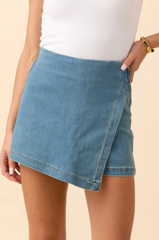 My Favorite Medium Wash Denim Skort sold by Pink Lily