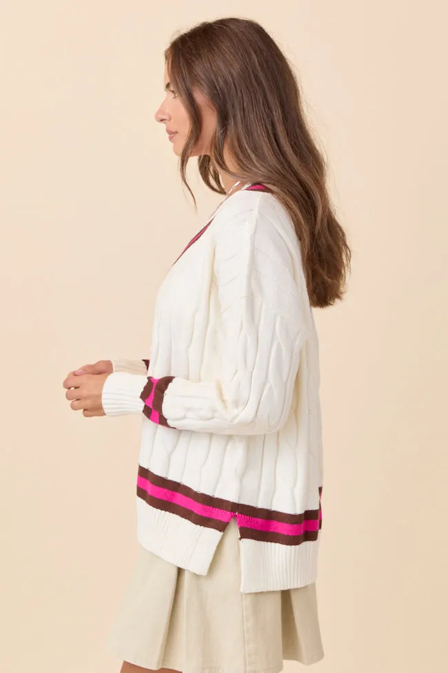 Paris Pink And Brown Varsity Stripe Cable Knit V-neck Pullover SALE sold by Pink Lily product image thumbnail 3