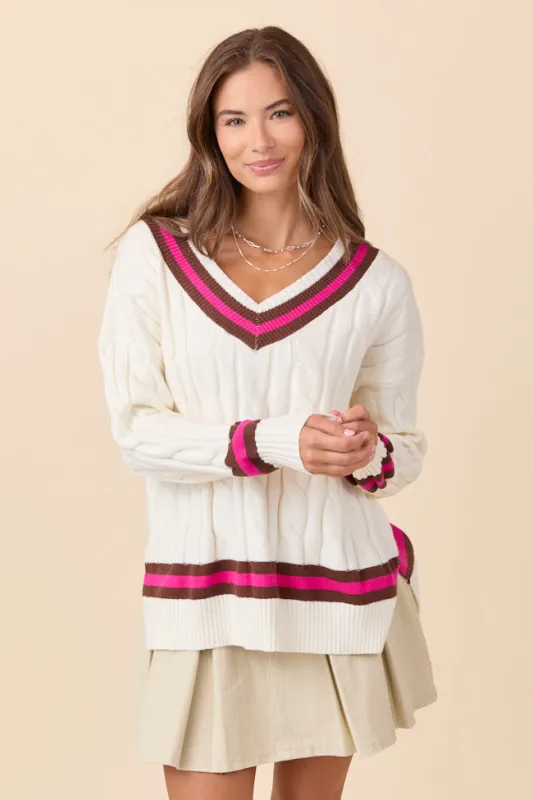 Paris Pink And Brown Varsity Stripe Cable Knit V-neck Pullover sold by Pink Lily