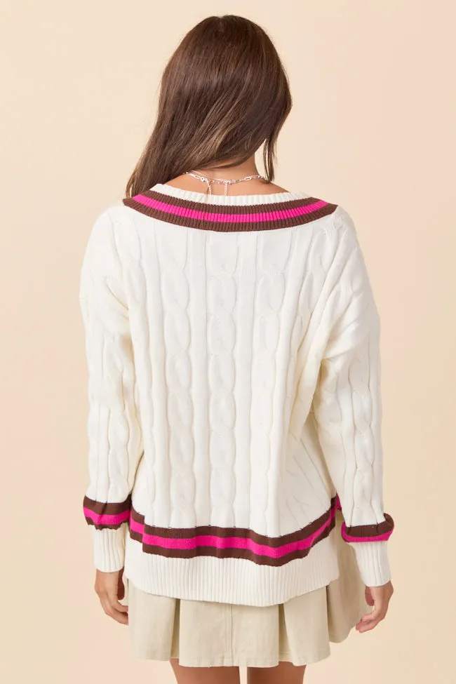 Paris Pink And Brown Varsity Stripe Cable Knit V-neck Pullover SALE sold by Pink Lily product image thumbnail 4