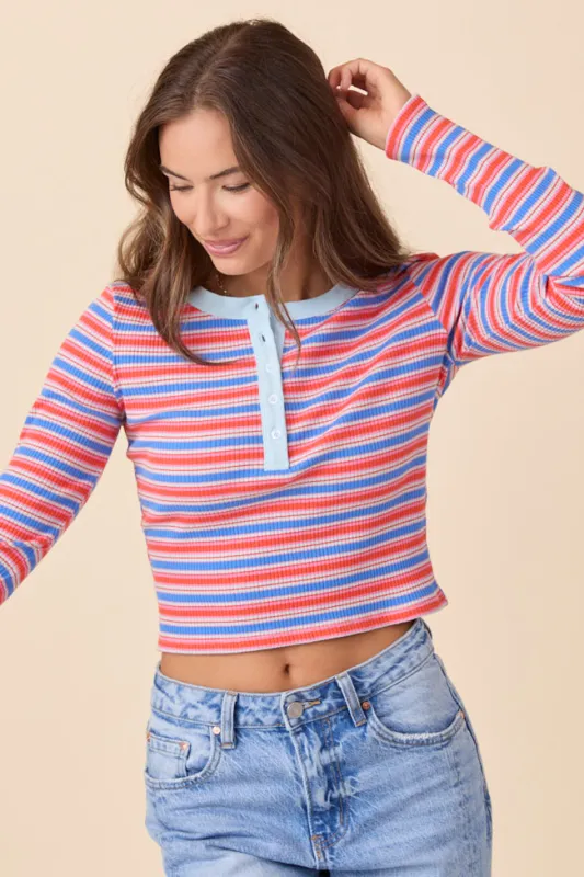 Taryn Red And Blue Striped Crew Neck Top SALE sold by Pink Lily