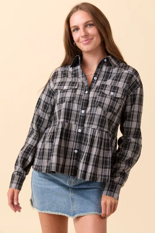 Yara Black Plaid Peplum Top sold by Pink Lily