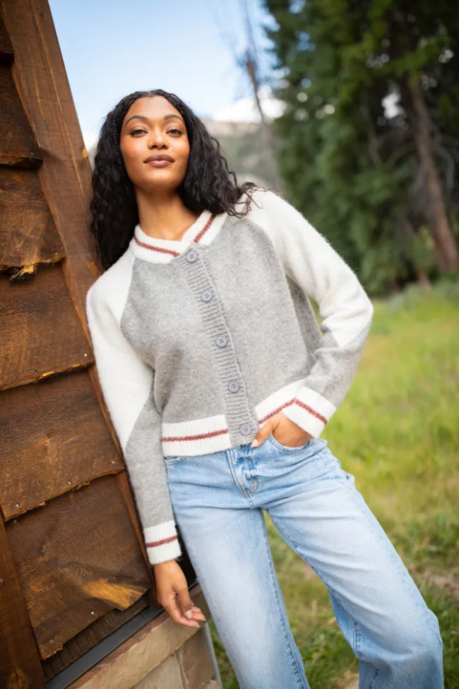 Jordan Grey Bomber Cardigan Sweater sold by Pink Lily