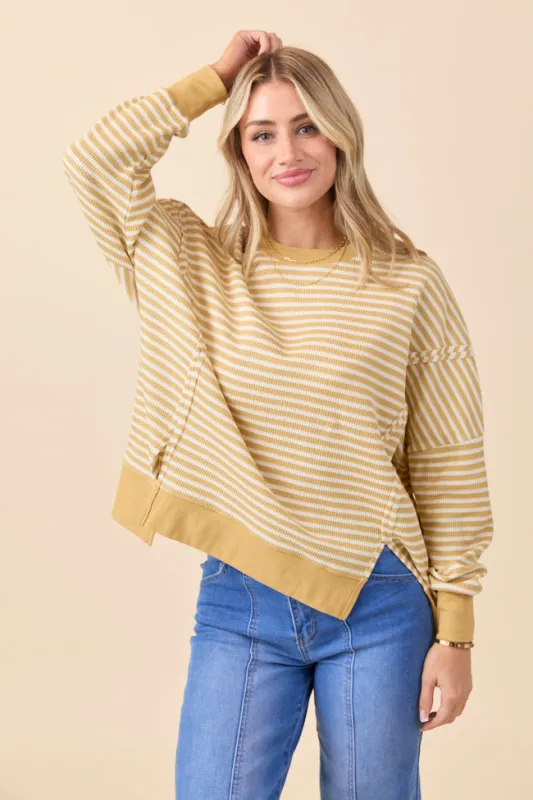 Kara Yellow Stripe Waffle Pullover sold by Pink Lily