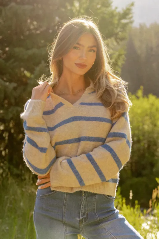 Carter Beige And Blue Striped Sweater sold by Pink Lily