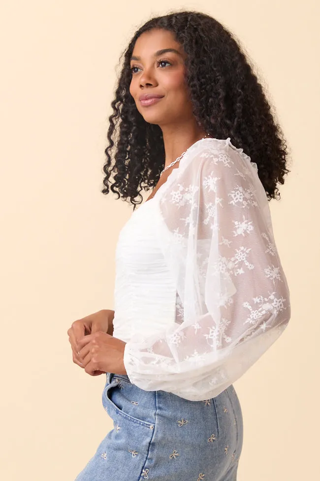The Lucy Ivory Floral Mesh Ruched Top Just Classically Cassidy X Pink Lily sold by Pink Lily product image thumbnail 5