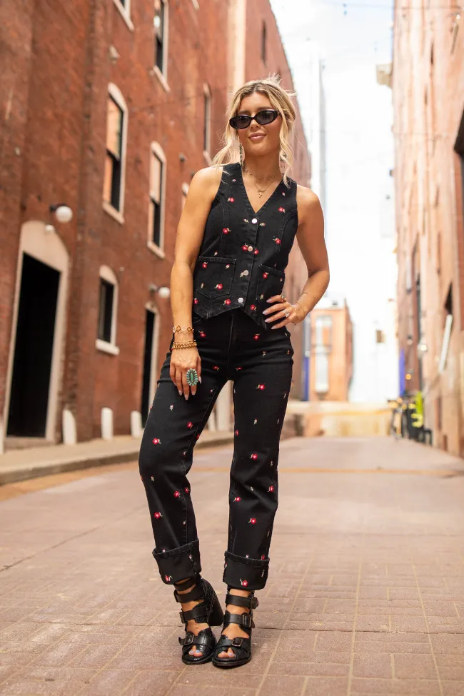 Beneath The Moon Floral Embroidered Stretch Denim Vest Just Classically Cassidy X Pink Lily sold by Pink Lily