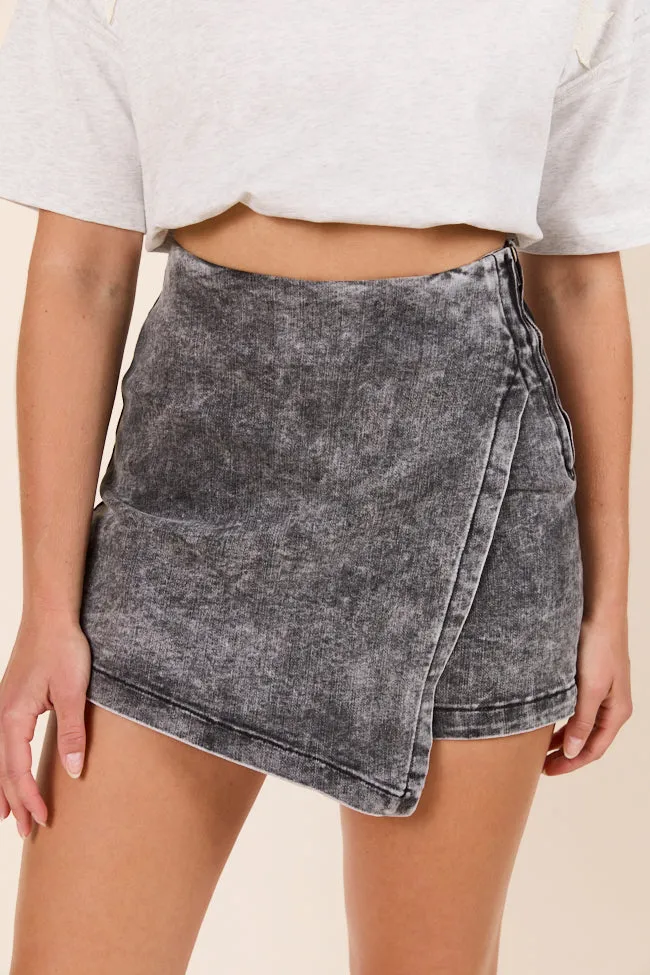 My Favorite Stretchy Black Acid Wash Denim Skort sold by Pink Lily