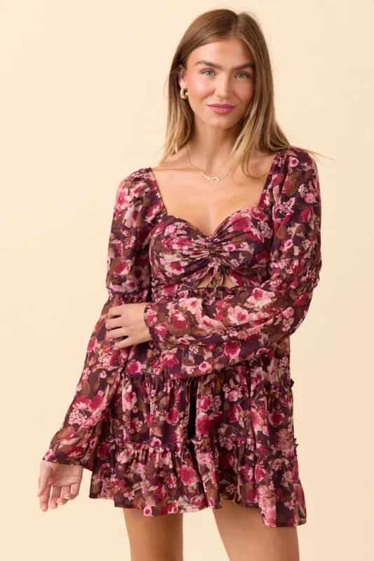 Alaina Burgundy Floral Mini Dress sold by Pink Lily
