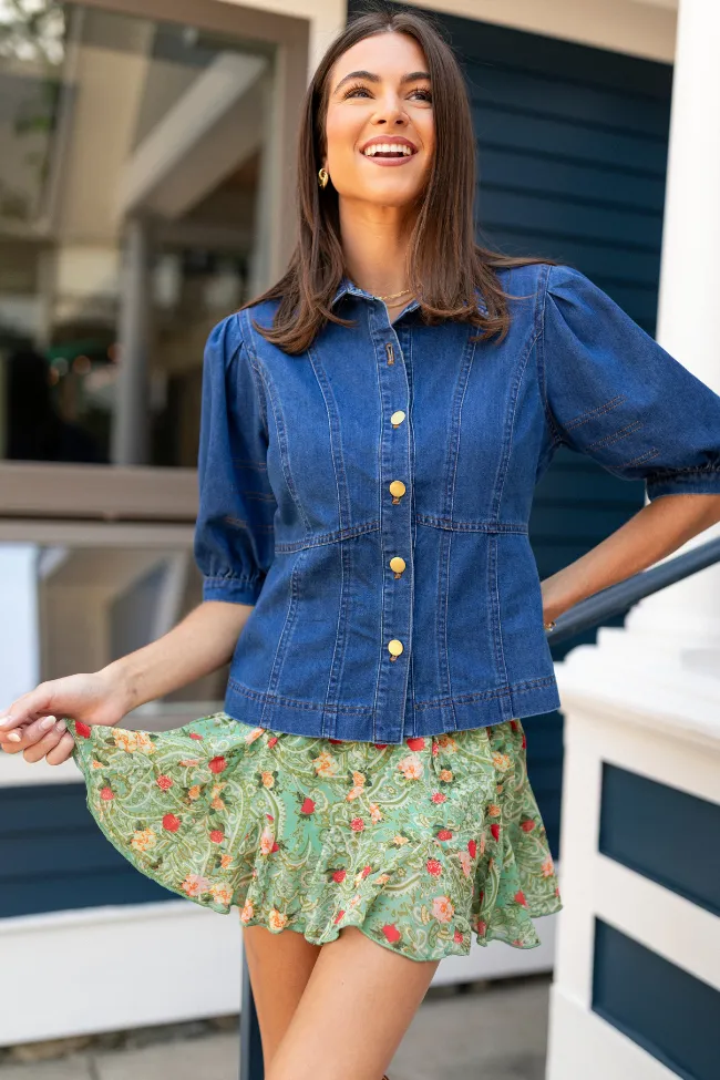 Jane Denim Collared Puff Sleeve Blouse FINAL SALE sold by Pink Lily product image thumbnail 2