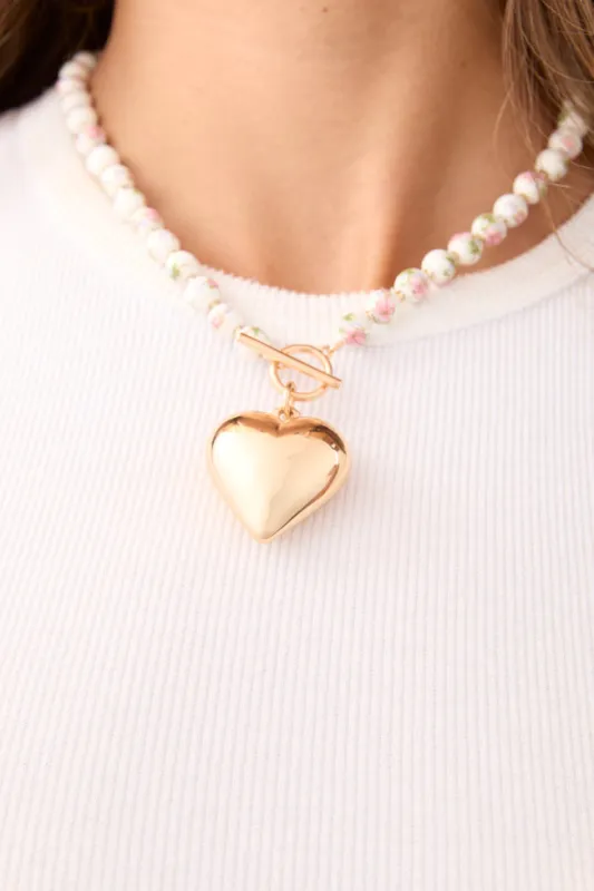 Rosa Pink Floral Beaded Heart Necklace SALE sold by Pink Lily