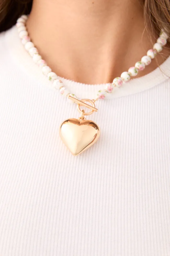 Rosa Pink Floral Beaded Heart Necklace sold by Pink Lily