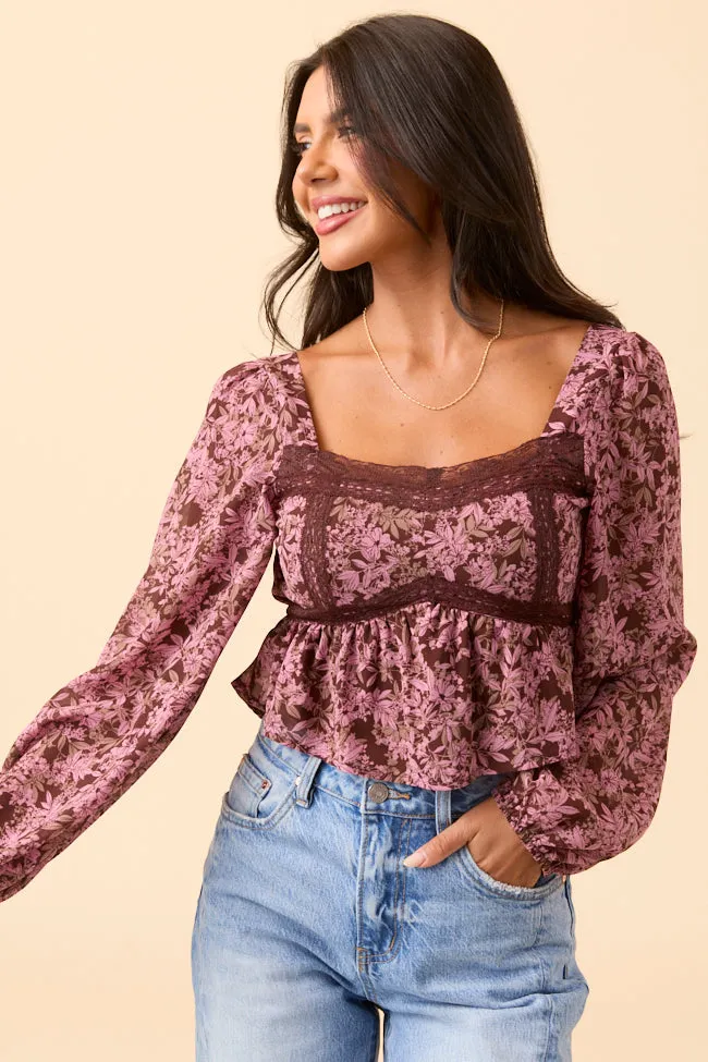 Ann Maria Brown And Pink Floral Lace Trim Blouse sold by Pink Lily