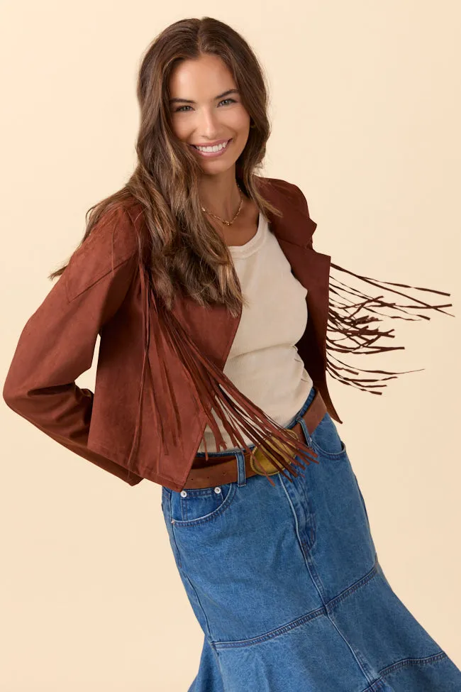 Christina Brown Faux Suede Fringe Jacket sold by Pink Lily