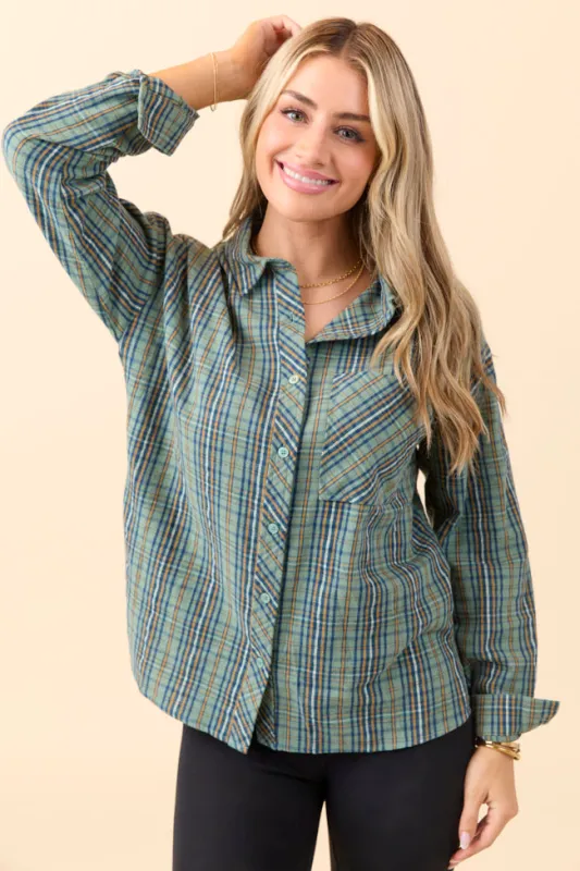 Rory Blue And Green Plaid Flannel Button Down Top FINAL SALE sold by Pink Lily
