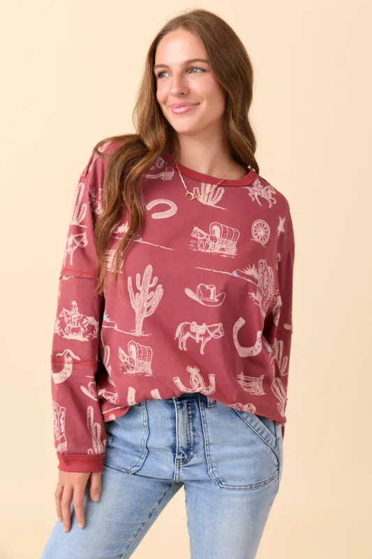 Zuri Brick Long Sleeve Western Tee SALE sold by Pink Lily