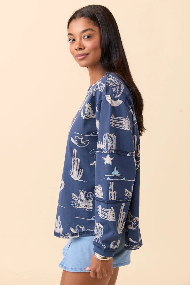 Zuri Blue Long Sleeve Western Tee sold by Pink Lily product image thumbnail 3