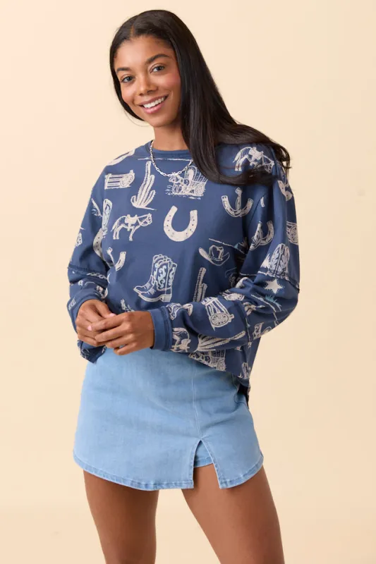 Zuri Blue Long Sleeve Western Tee SALE sold by Pink Lily