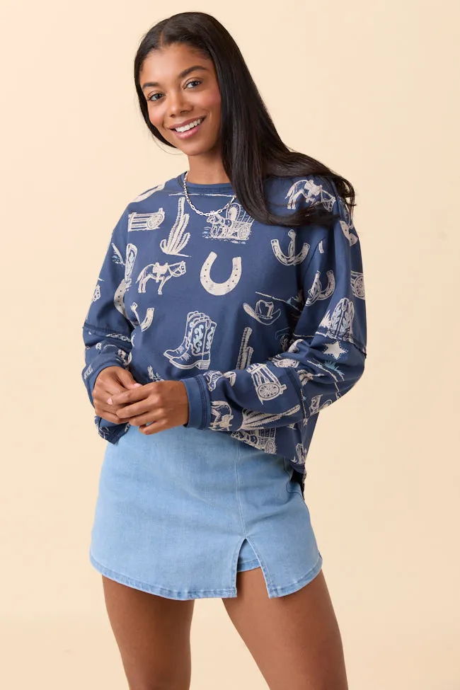 Zuri Blue Long Sleeve Western Tee sold by Pink Lily