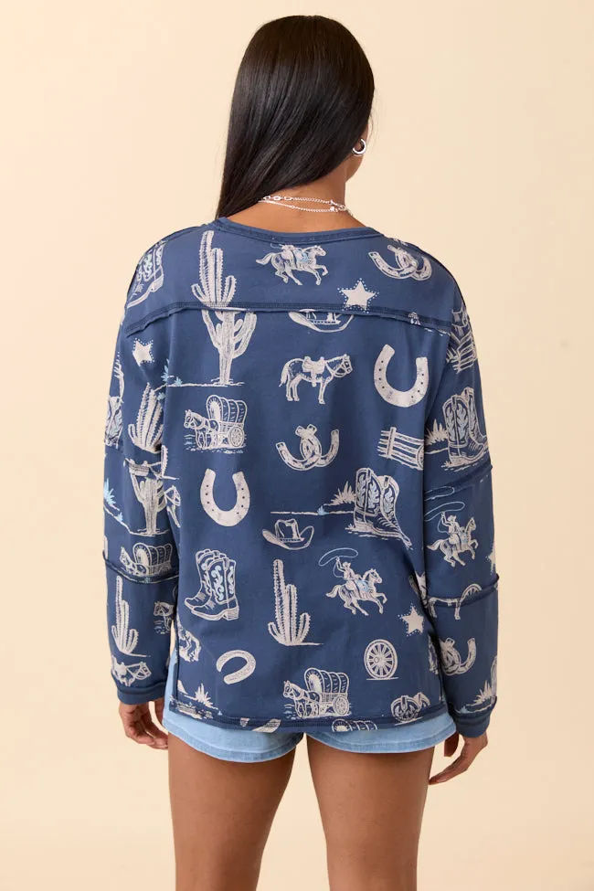 Zuri Blue Long Sleeve Western Tee sold by Pink Lily product image thumbnail 4