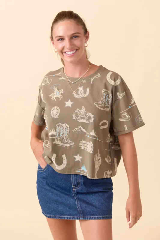 Rylan Short Sleeve Olive Western Tee sold by Pink Lily