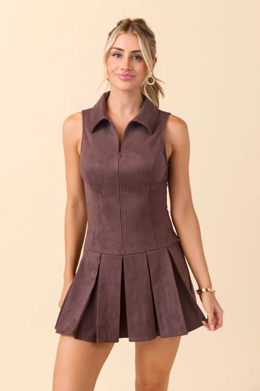 Sharon Brown Pleated Mini Dress sold by Pink Lily