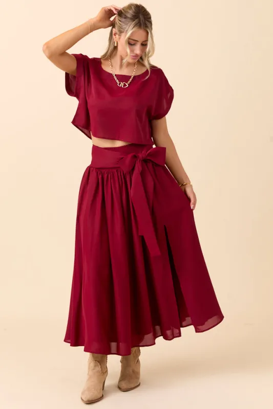 Cleo Wine Tie Front Skirt Set SALE sold by Pink Lily