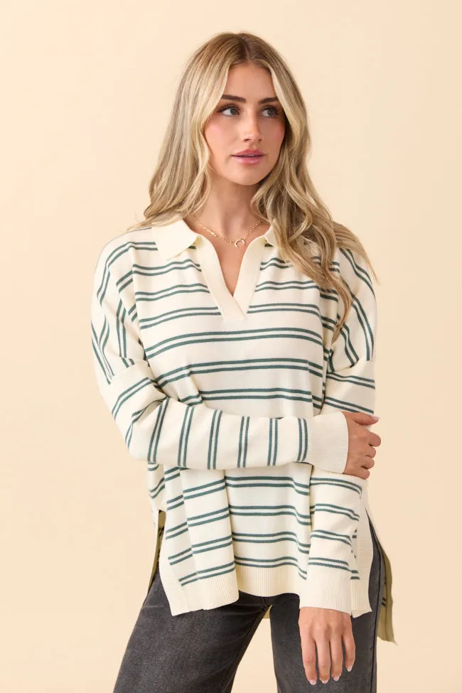 Jurnee Ivory and Green Striped V-Neck Sweater SALE sold by Pink Lily
